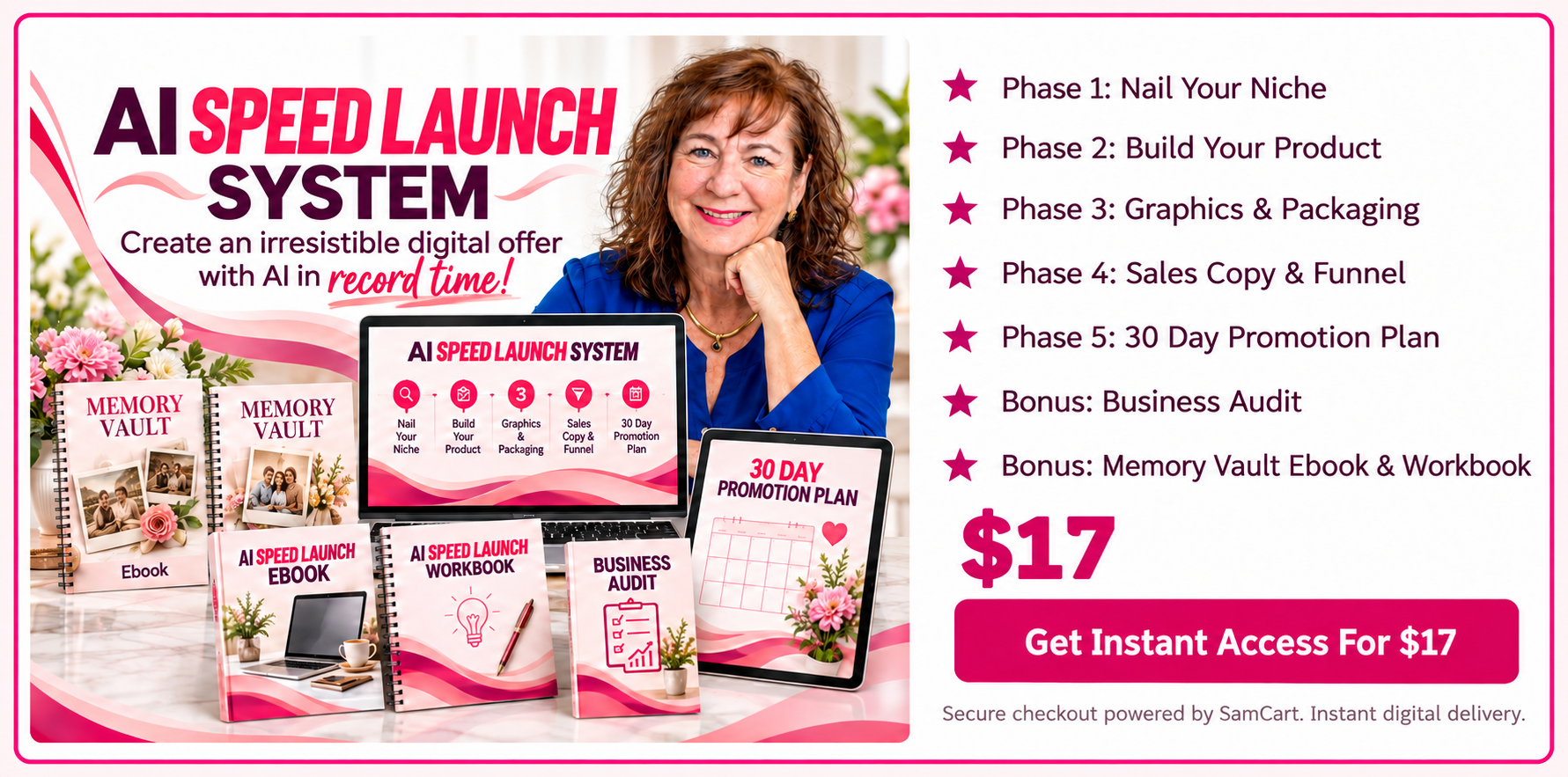 AI Speed Launch System: five phases, Business Audit, and Memory Vault Ebook & Workbook, with instant access for $17